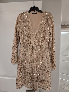 Boohoo Champagne Sequin Wrap Romper Dress Size 12
